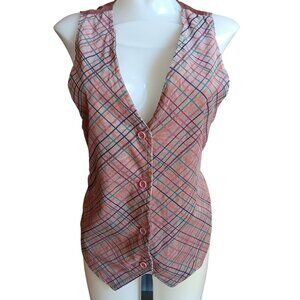 Medium Vintage Boho Corduroy Vest Plaid Satin Tie Back 1970's Pastel Stripes USA